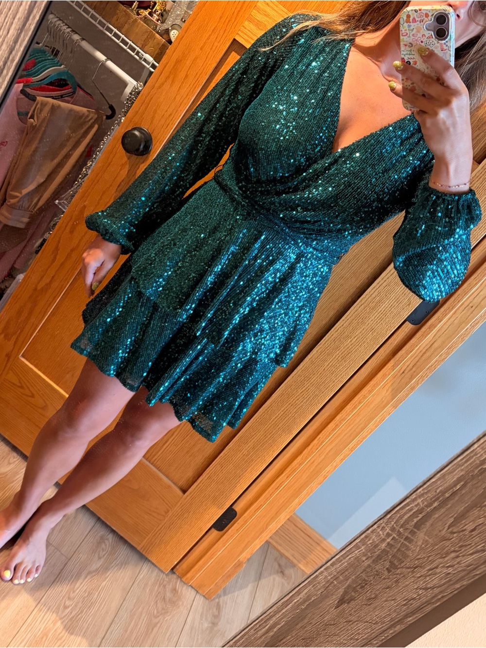 Trixxi Teal Sequin Long-Sleeve Mini Dress